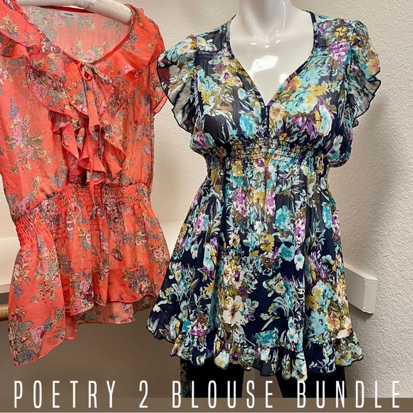 POETRY✌️2 Blouse BUNDLE Lightweight Semi Sheer Coral/Navy Floral Blouses Sz S - Picture 5 of 8